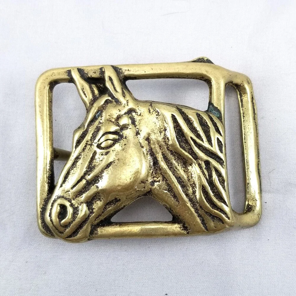 Belt Buckle Solid Brass Horse Head Riding Cowboy Western‎ Gold Color Gift